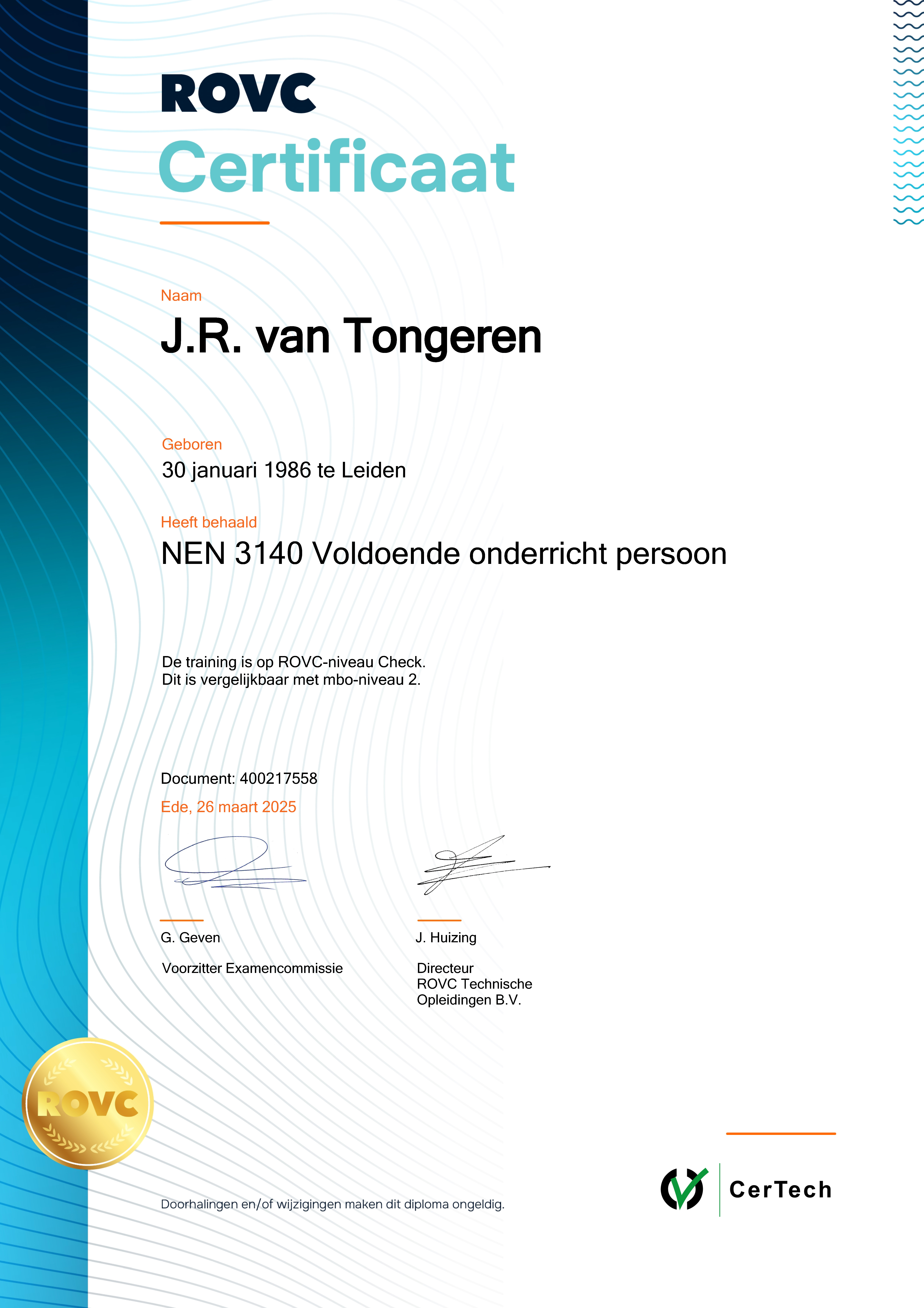 Certificaat Nen-3140-vop
